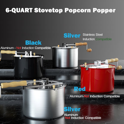  Stovetop Popcorn Popper with Crank, 6-Quart Aluminum Popcorn Pot, Silver