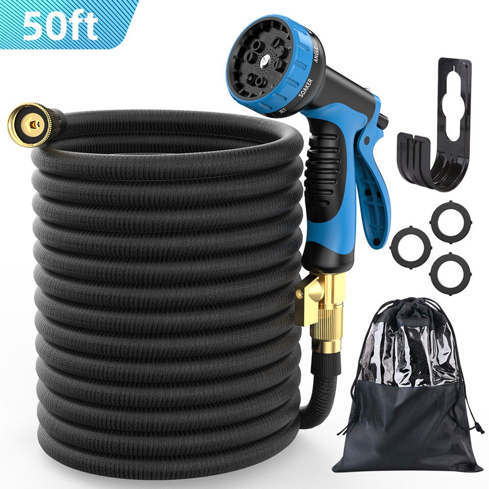 50Ft Flexible Garden Hose W/10 Function Nozzles, Expandable Water Hose with 3 /4 Inch Solid Brass Fittings & Double Latex Core, Lightweight Hose for Watering and Washing, Kink &Tangle Free,Rust Proof