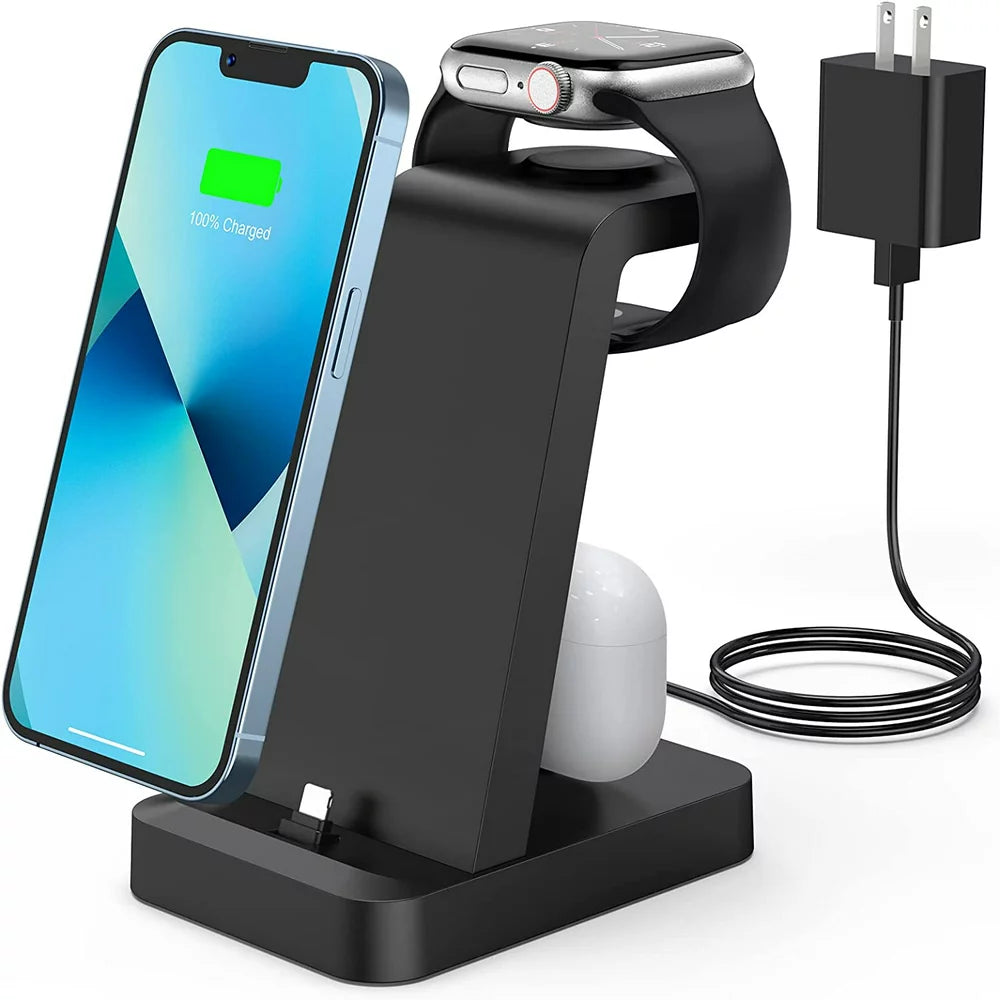 Charger Station for Iphone Multiple Devices - 3 in 1 Fast Wireless Charging Dock Stand for Apple Watch Series 7 6 SE 5 4 3 2 & Airpods Iphone 14 13 12 11 Pro X Max XS XR 8 7 plus 6S 6 with Adapter