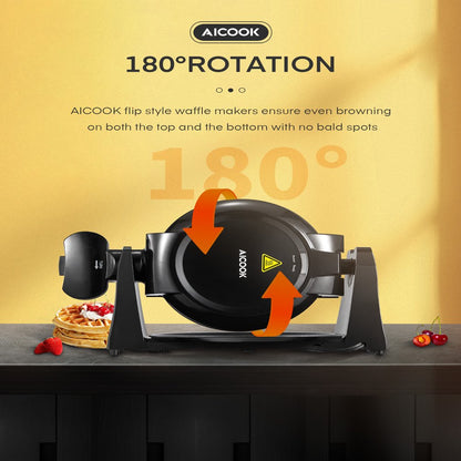 Double Belgian Waffle Maker 180° Flip, 1400W, Nonstick, Black, New, AICOOK