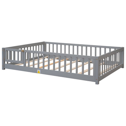 uhomepro Full Size Wood Floor Bed Frame with Fence and Door for Kids, Toddlers, Gray