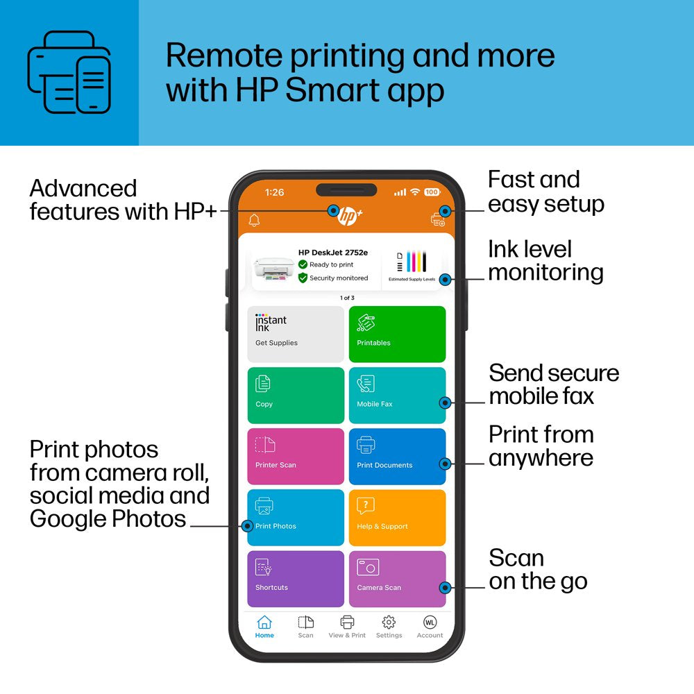 HP DeskJet 2752e All-in-One Wireless Color Inkjet Printer with 3 Months Free Ink Included with HP+