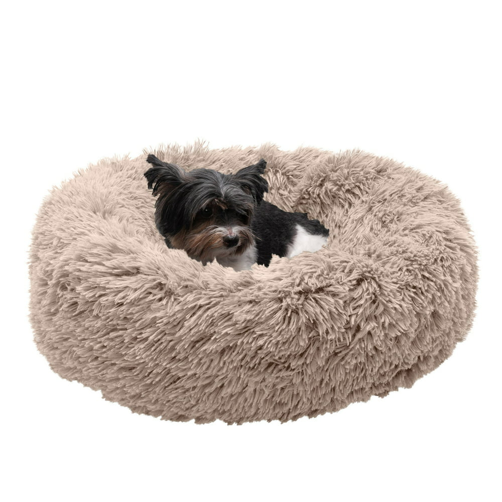 FurHaven Pet Products Calming Cuddler Long Faux Fur Donut Pet Bed for Dogs & Cats - Taupe, Small