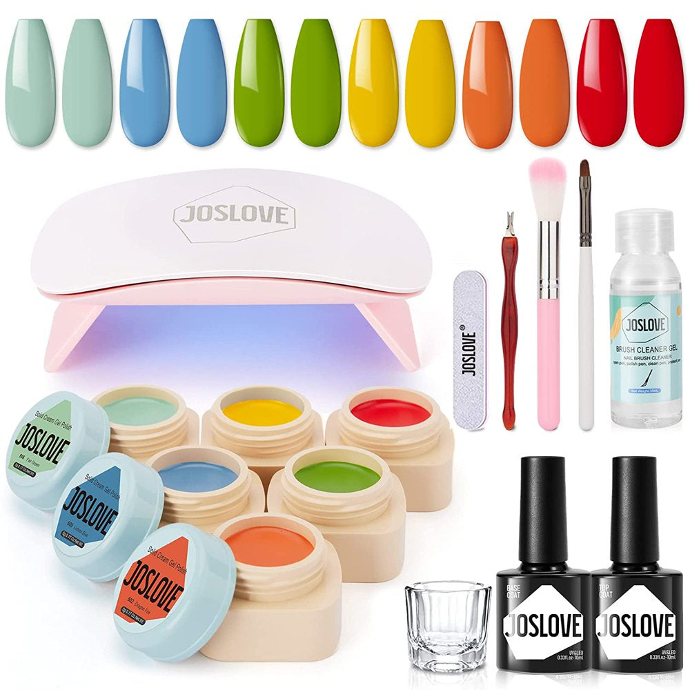 6 Colors Solid Gel Nail Polish Kit with U V Light and Base Top Coat, Nude Collection Cream Pudding Gel Nail Polish Set DIY Home Manicure