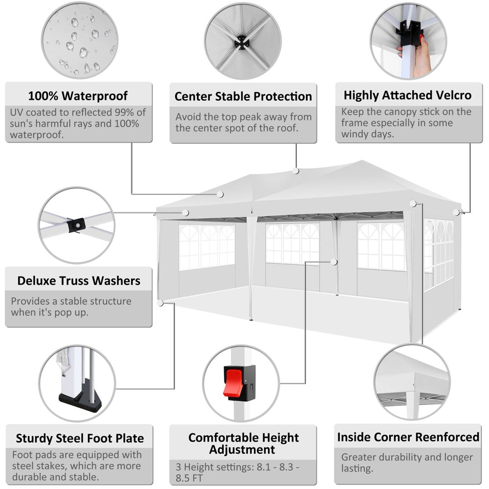 SANOPY 10' x 20' EZ Pop Up Canopy Tent Party Tent Outdoor Event Instant Tent Gazebo with 6 Removable Sidewalls and Carry Bag, White