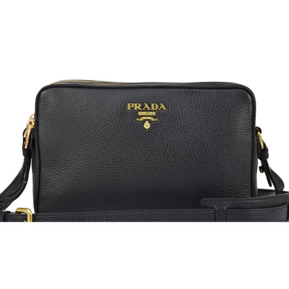 New Prada Black Vitello Phenix Leather Double Zip Cross Body Bag 1BH079