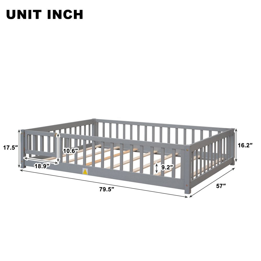 uhomepro Full Size Wood Floor Bed Frame with Fence and Door for Kids, Toddlers, Gray