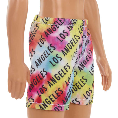 Barbie Ken Beach Doll with Blonde Hair Dressed in Colorful Los Angeles-Print Swim Trunks