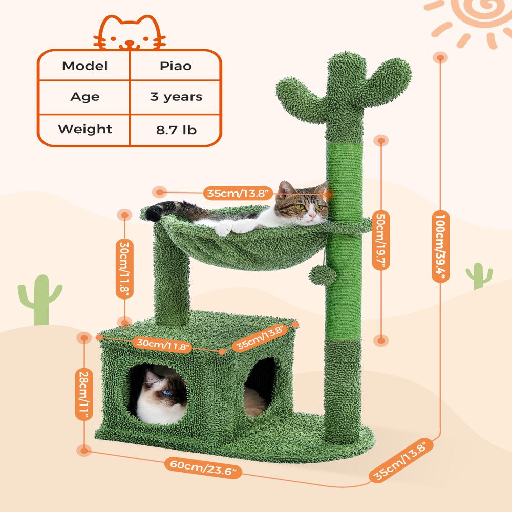 PAWZ Road Cactus Cat Tree Condo 39.4" with Hammock Perch, Cat Sisal Scratching Post for Indoor Kitty Medium Cats,Green