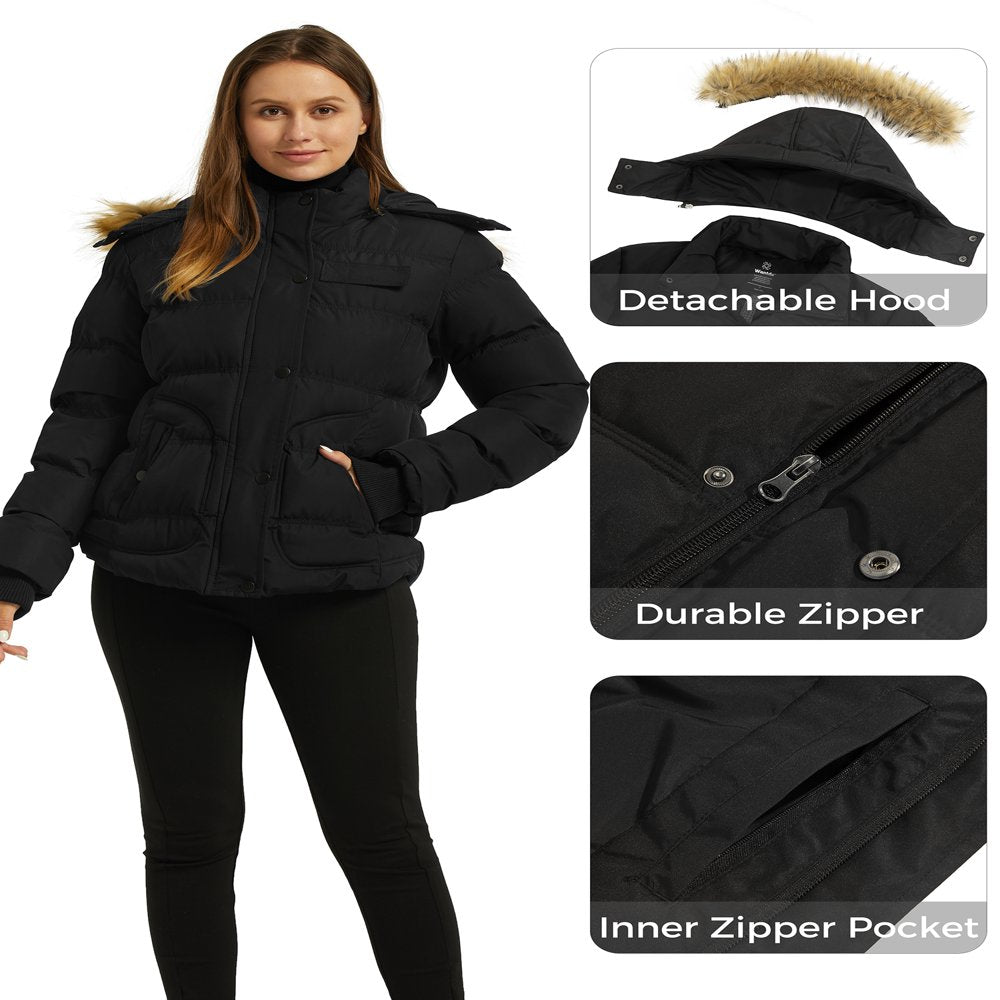 Wantdo Women's Winter Jacket Windproof Puffer Coat Insulated Puffy Jacket with Hood Black L