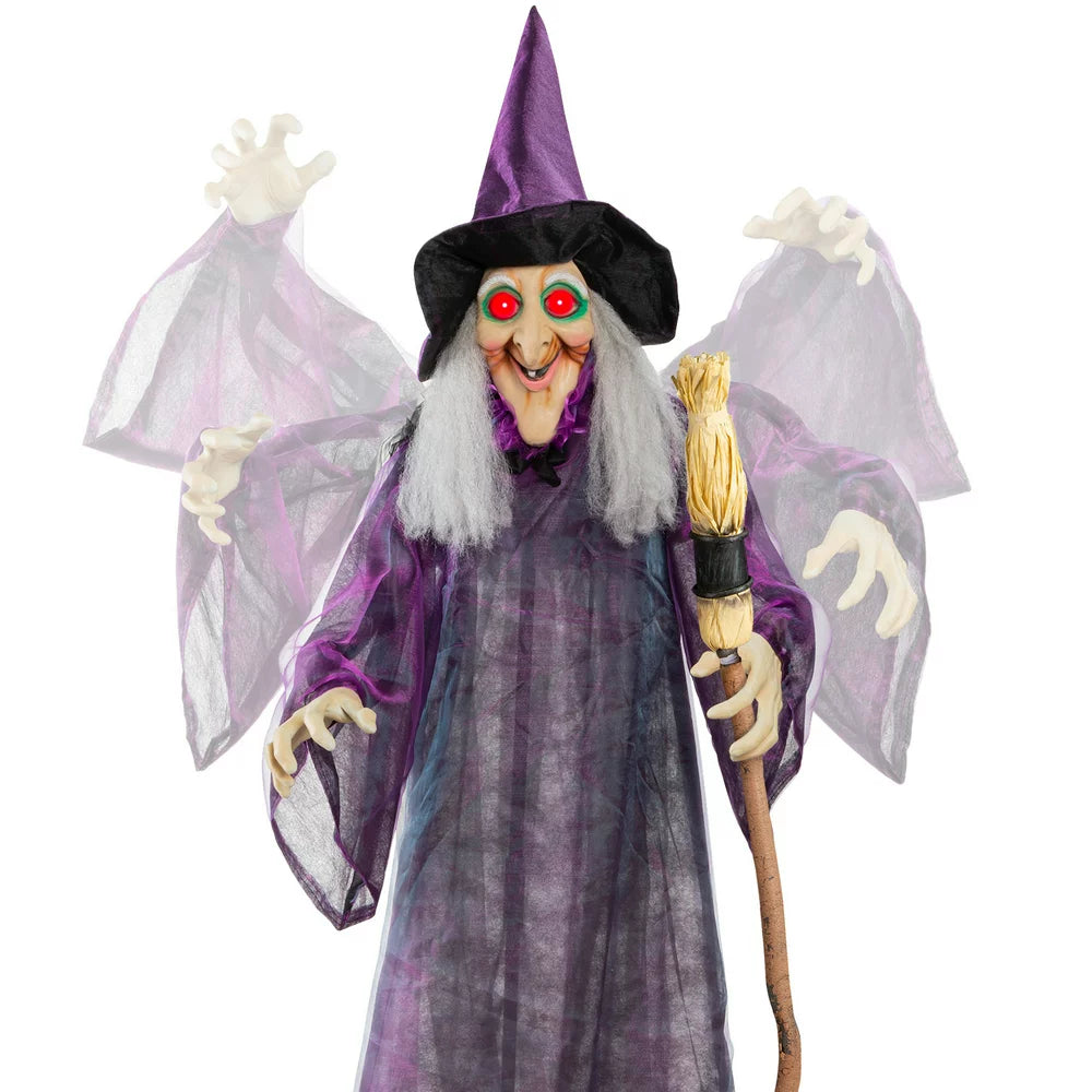  5ft Standing Witch, Wicked Wanda Poseable Halloween Animatronic w/ Pre-Recorded Phrases, LED Eyes