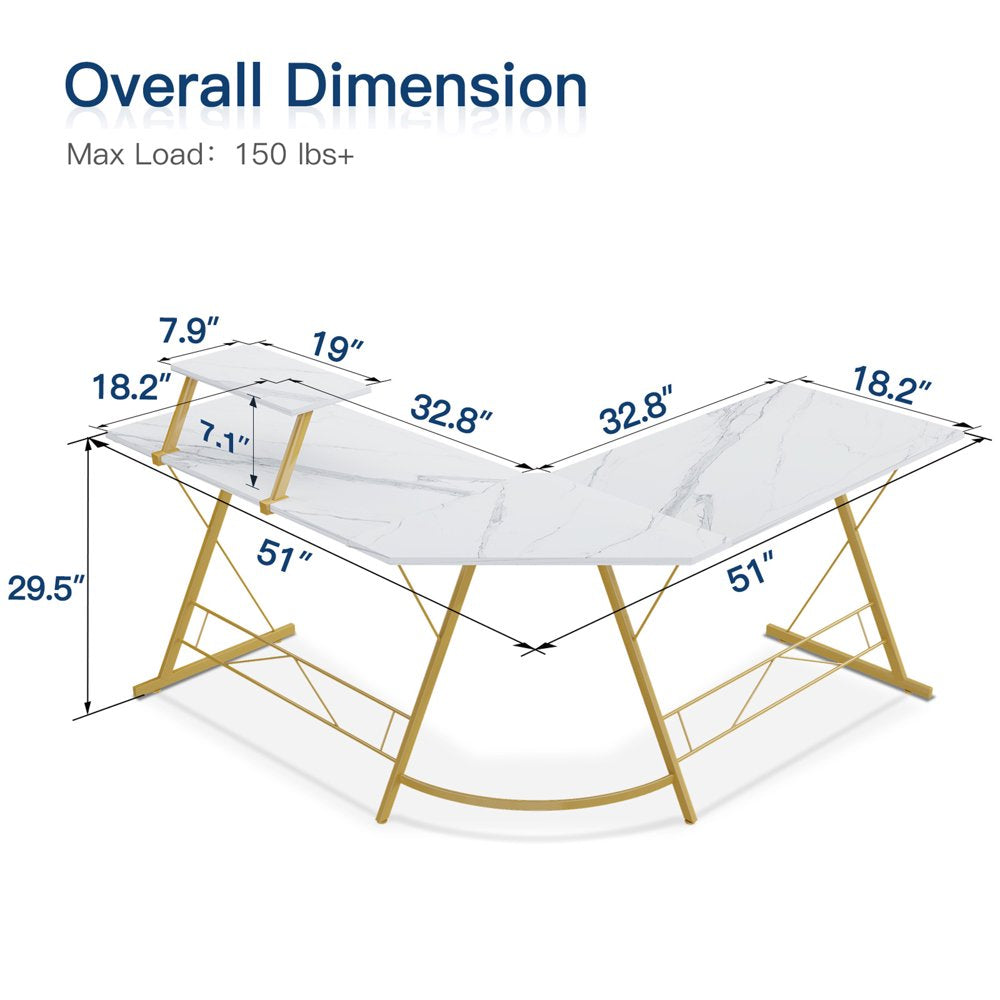 L Shaped Desk, 51" Home Office Corner Desk with Shelf, Gaming Computer Desk with Monitor Stand, PC Table Workstation with Shelf, Marble