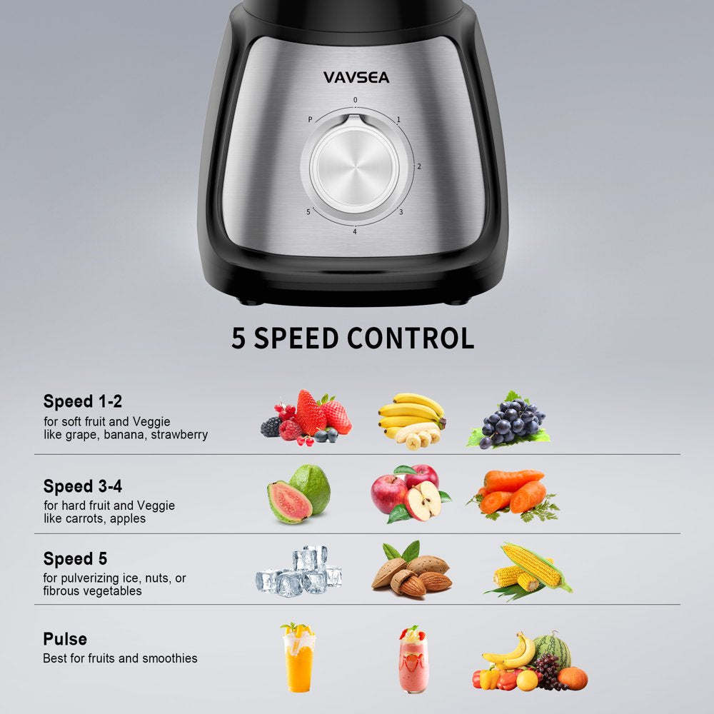 VAVSEA 1000W Countertop Blender with 51oz Glass Jar & 20oz Travel Cup for Shake and Smoothies, 5 Speed Multifunctional Blender for Kitchen Ice Crush Fruit Protein Drinks Vegetable, Silver