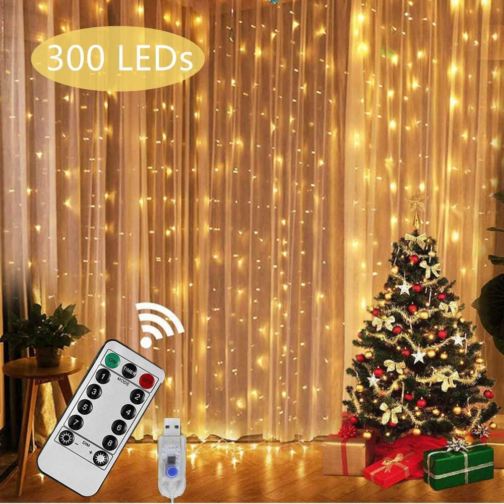 Window Curtain String Light, 300 Waterproof LED Twinkle Lights, 8 Modes Fairy Lights USB Remote Control Lights for Christmas Bedroom Party Wedding Home Garden Wall Decorations(9.9x9.9 Ft)