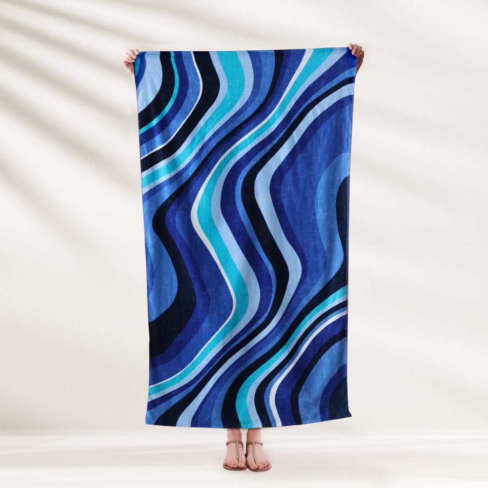 Mainstays Velour Beach Towel, Blue Wavy, Multi-Color , 28X60