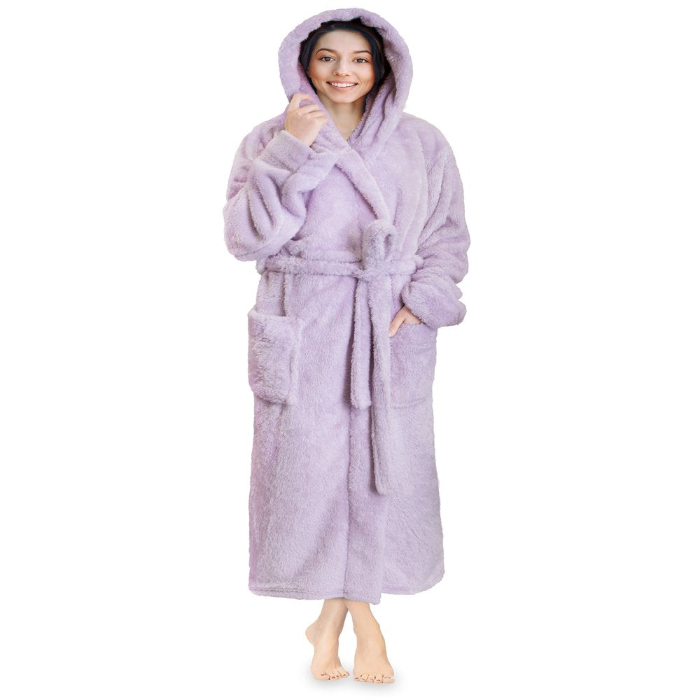 PAVILIA Women Hooded Plush Soft Robe | Fluffy Warm Fleece Sherpa Shaggy Bathrobe (S/M, Black)