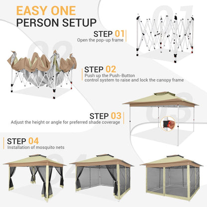 SANOPY 12x12FT Outdoor Gazebo Pop Up Gazebo with Mosquito Netting, Instant Patio Canopy Tent for Shade and Rain, 2 Tiered Vente Gazebo Canopy UPF 50+ for Garden Backyard with Carry Bag&4 Sandbags