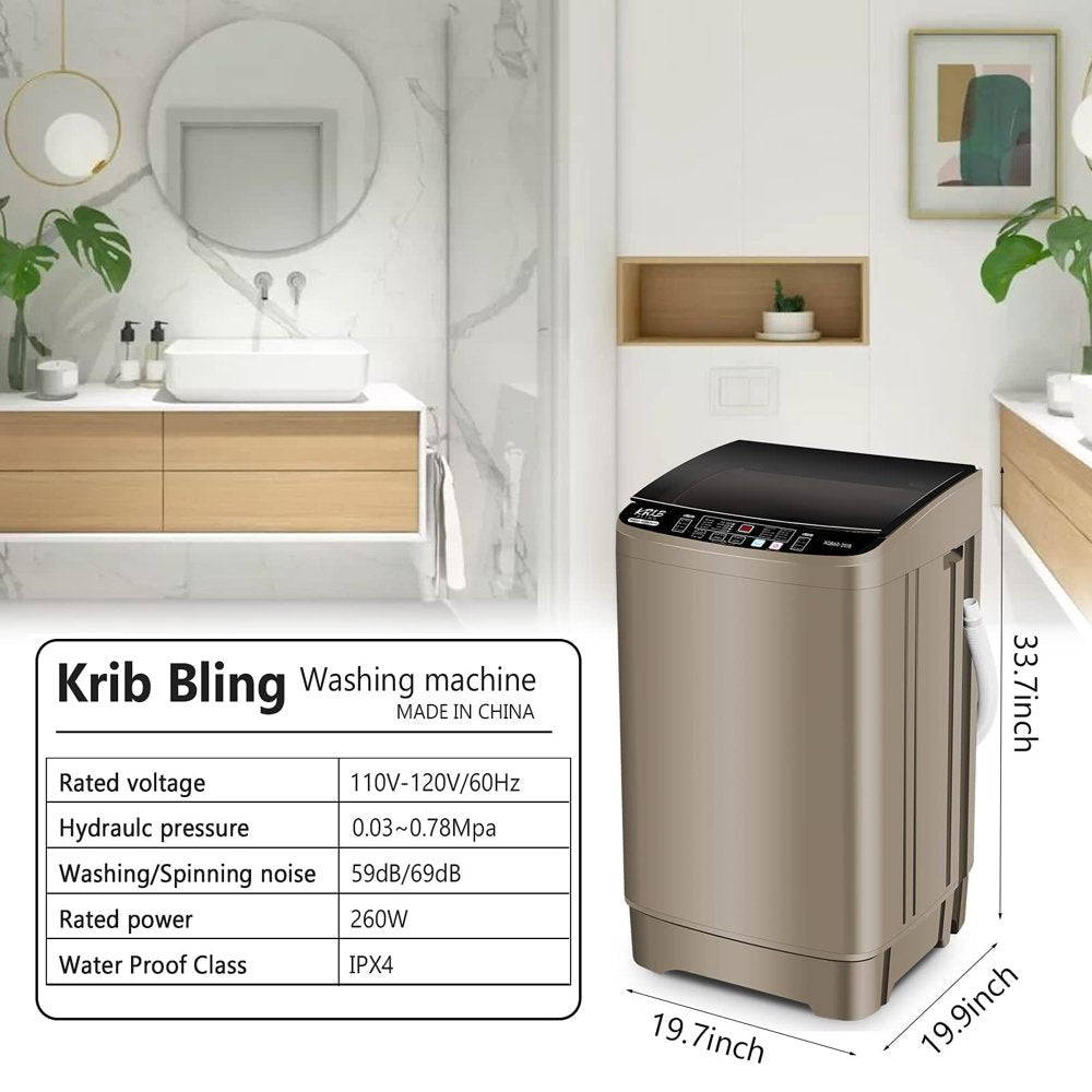 KRIB BLING Portable Washing Machine, 17.7 lbs Large Capacity Full Automatic Washing Machine, Compact Laundry Washer for Home Apartment, Coffee Gold