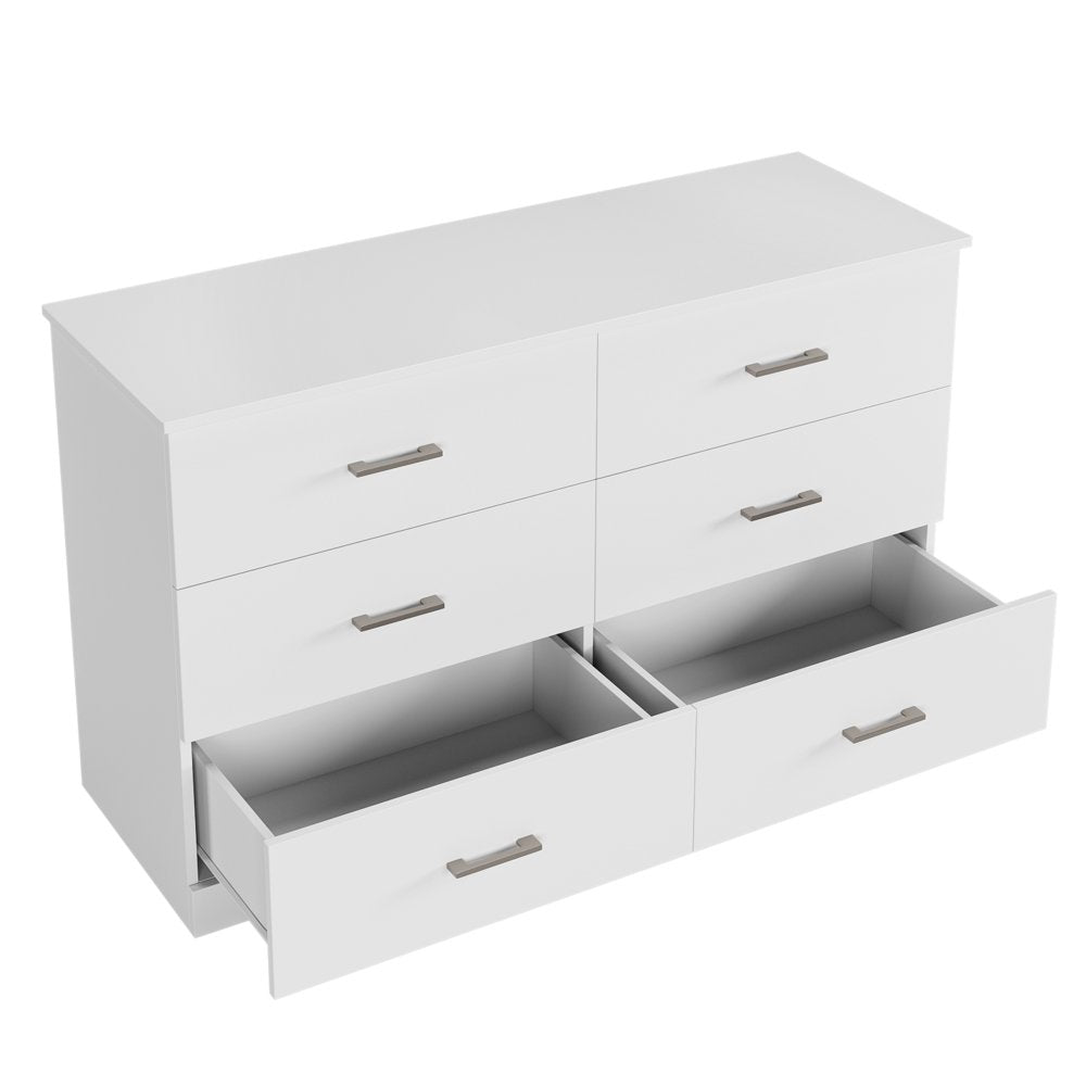 Homfa 6 Drawer White Double Dresser, Wood Storage Cabinet with Easy Pull Out Handles for Living Room, Chest of Drawers for Bedroom