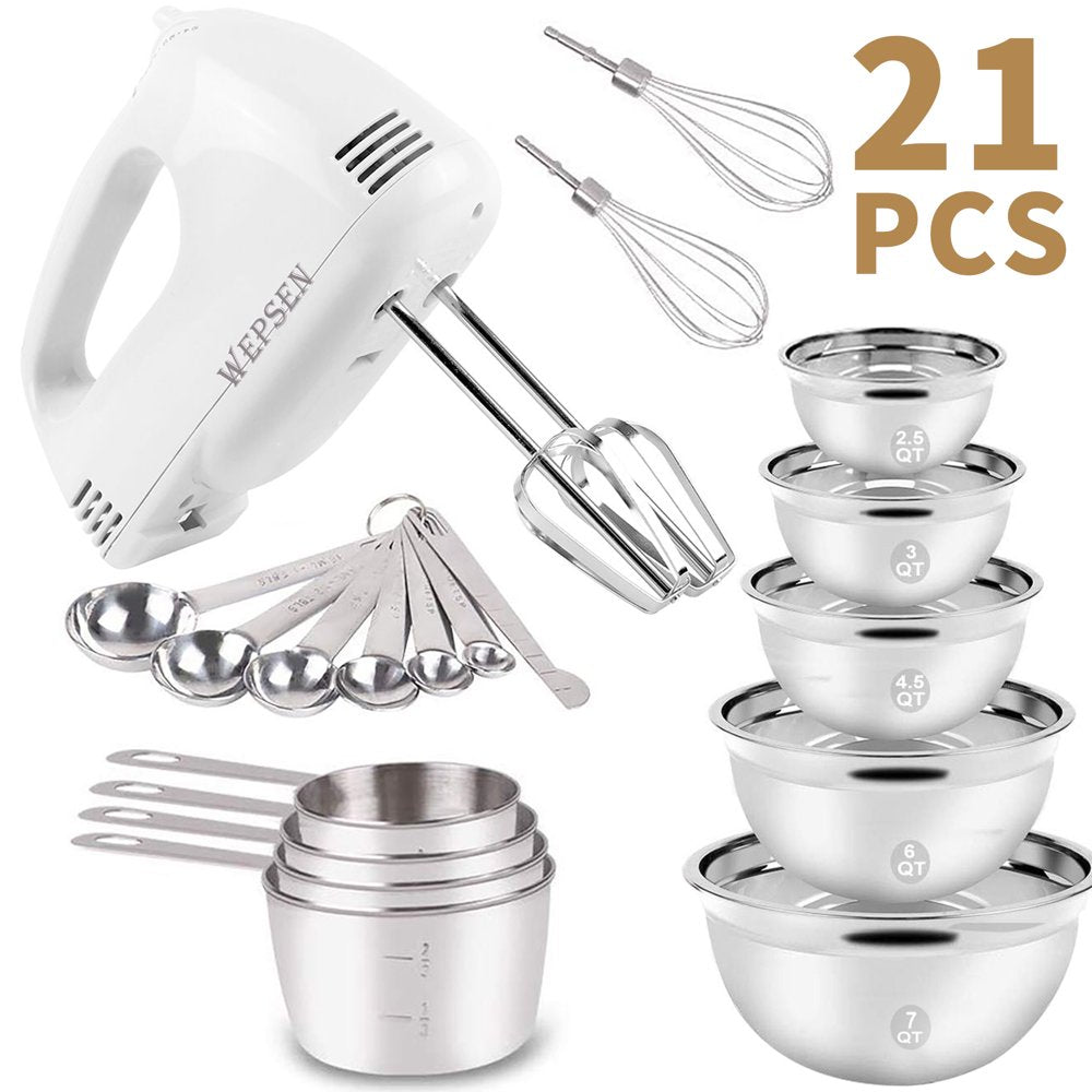 Electric Hand Mixer Mixing Bowls Set, Upgrade 5-Speeds Mixers with Silver Nesting Stainless Steel Mixing Bowl, Measuring Cups and Spoons Whisk Blender - Baking Supplies for Cooking