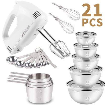 Electric Hand Mixer Mixing Bowls Set, Upgrade 5-Speeds Mixers with Silver Nesting Stainless Steel Mixing Bowl, Measuring Cups and Spoons Whisk Blender - Baking Supplies for Cooking