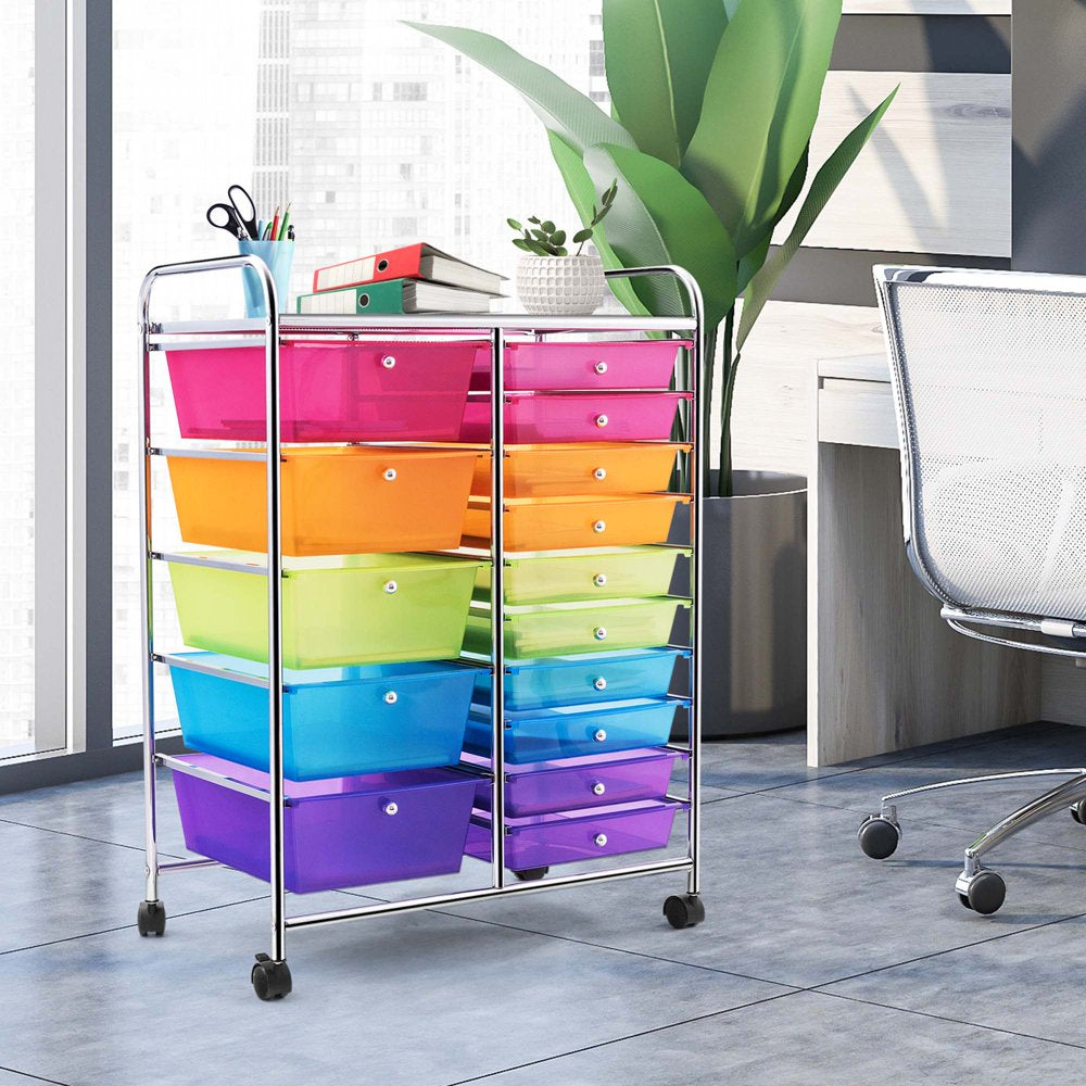 Costway 15 Drawer Rolling Storage Cart Tools Scrapbook Paper Office School Organizer Colorful