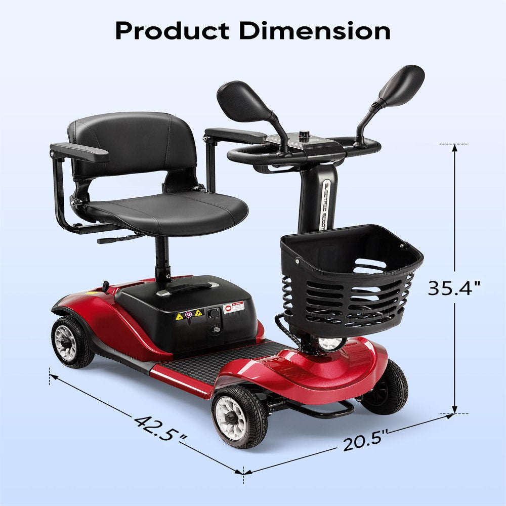 4 Wheels Mobility Scooter Collapsible Travel Mobility Scooter w/Basket and Extended Battery Electric Wheelchair for Seniors Adults Red