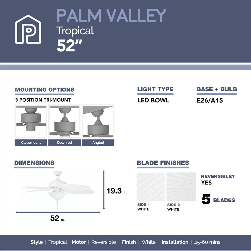 Honeywell Palm Valley 52" White Tropical Ceiling Fan with 5 Palm Blades, Pull Chain & Reverse Airflow