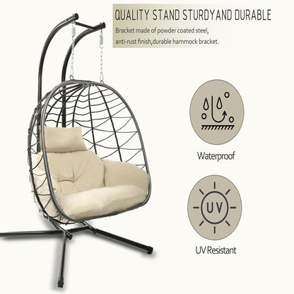 Esmlada Double Wicker Swing Egg Chair Hammock Foldable Hanging Loveseat with Stand, UV Resistant Removable Cushions, 700LBS Capacity for Bedroom, Balcony (Black and Beige)