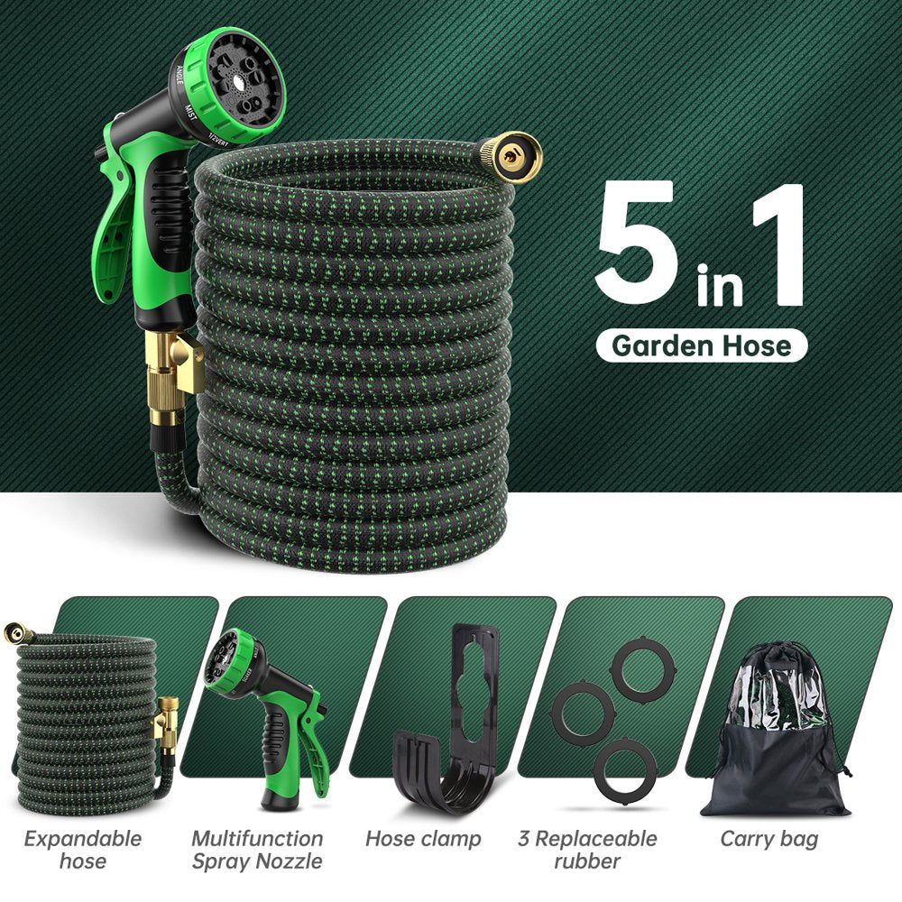 50Ft Flexible Garden Hose W/10 Function Nozzles, Expandable Water Hose with 3 /4 Inch Solid Brass Fittings & Double Latex Core, Lightweight Hose for Watering and Washing, Kink &Tangle Free,Rust Proof