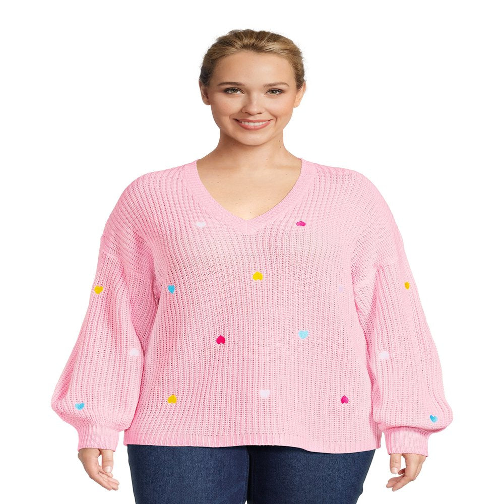 What's Next Women's Plus Size V-Neck Pullover with Heart Embroidery