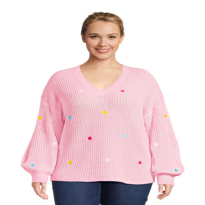 What's Next Women's Plus Size V-Neck Pullover with Heart Embroidery