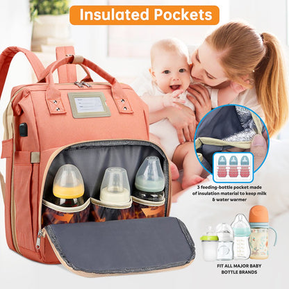 Diaper Bag Backpack, Multifunctional Baby Diaper Bag with Changing Station, Large Capacity Travel Backpack with Insulated Milk Bottle Pocket&Foldable Crib, USB Charging Port(Pink)