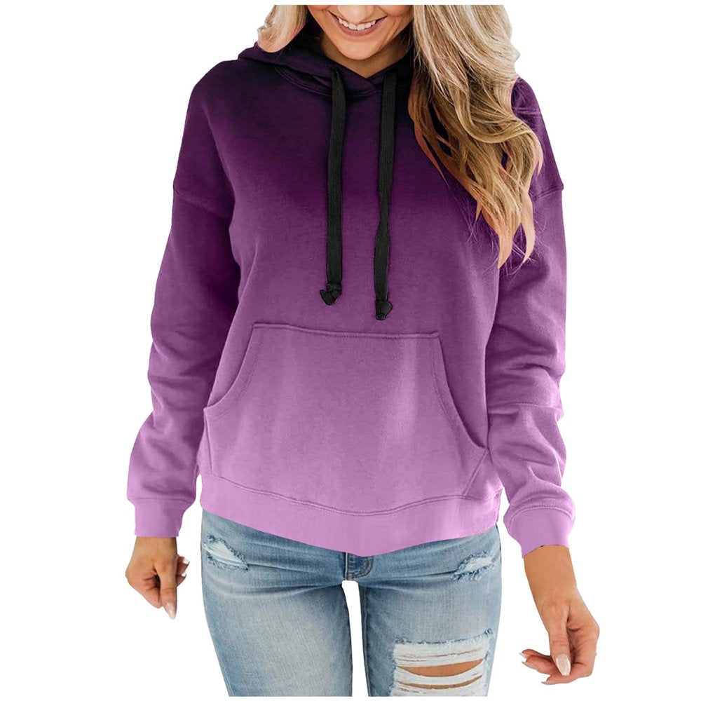 Usmixi Hoodies for Women Womens Plus Size Pullover Hoodies Tops Cozy Fleece Fashion Drawstring Hooded Sweatshirt with Pocket Winter Long Sleeve Gradient Print Casual Hoodies Tops Clearance