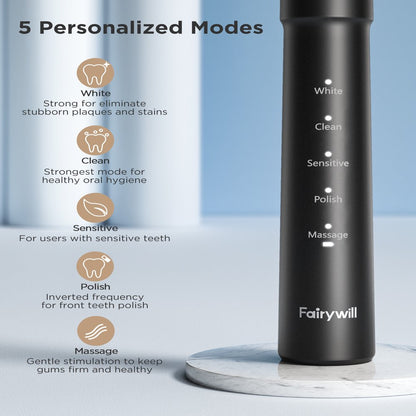 Fairywill E11 Sonic Electric Toothbrush with 5 Modes for Adults, Black