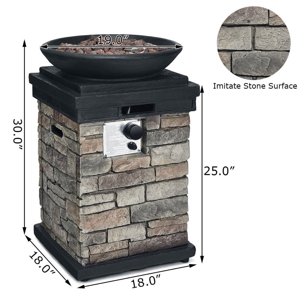 Costway Patio Propane Burning Fire Bowl Column W/ Lava Rocks & Cover 40,000 BTU