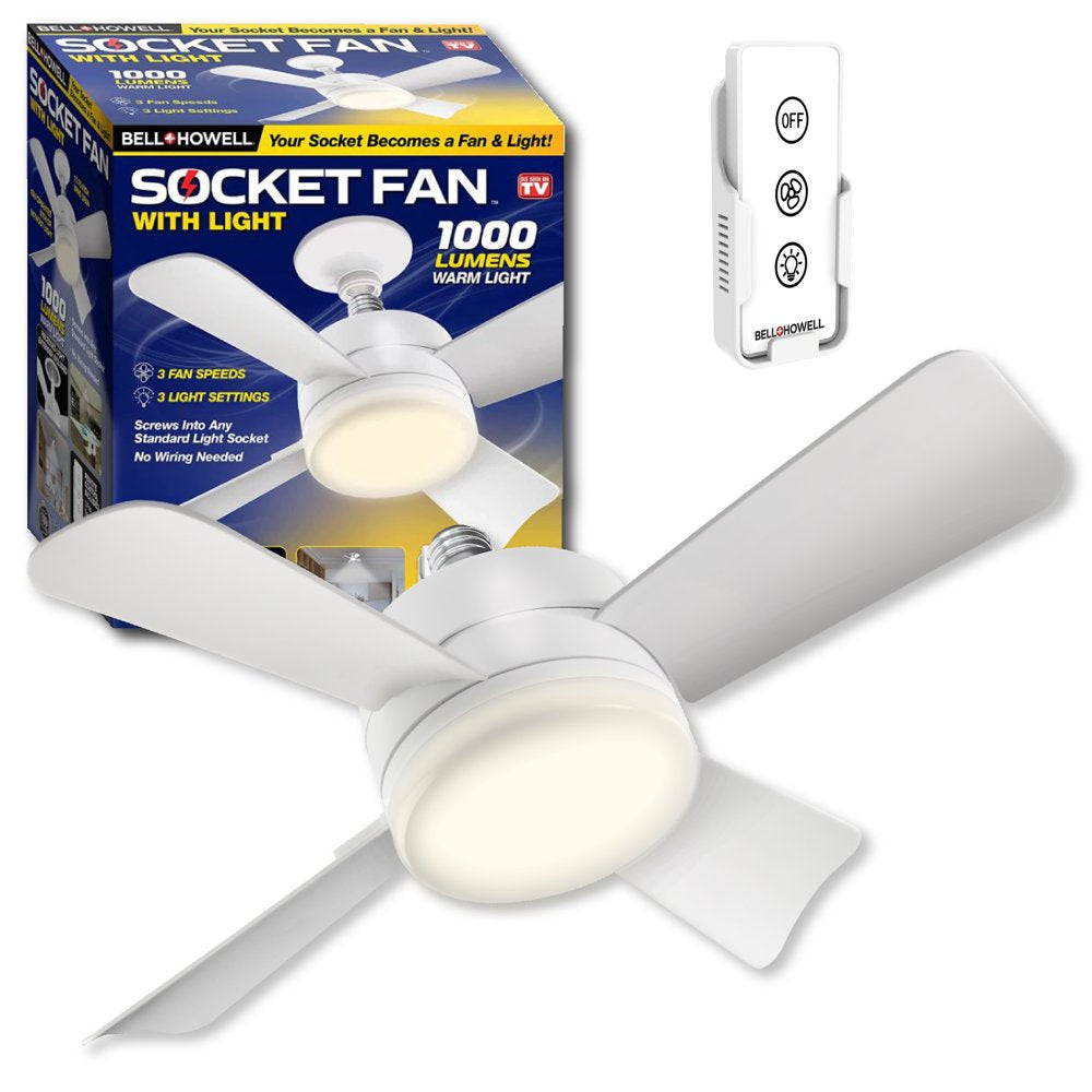 Bell and Howell Socket Ceiling Ceiling Fan with White Finish, Light Adjustable Ceiling Light 1000 Lumens, 4 Blades