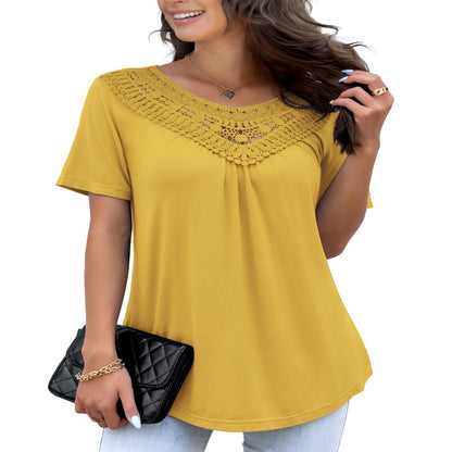 FOLUNSI Women's Plus Size Summer Tops Short Sleeve Lace Pleated Blouses Tunic Tops M-4XL