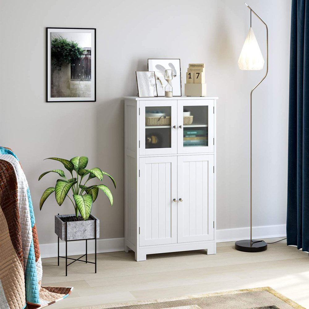 Bathroom Storage Cabinet, Floor White Wooden Linen Cabinet with Shelves and Doors, Kitchen Cupboard