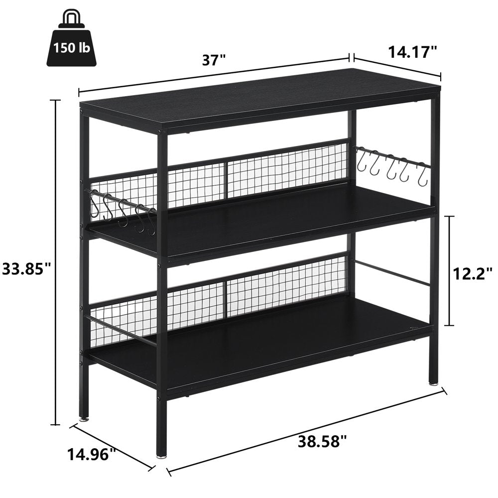 MONVANE 40"W Large Kitchen Island, 3 Tier Utility Mobile Cart Wine Storage Rolling Coffee Bar, Black