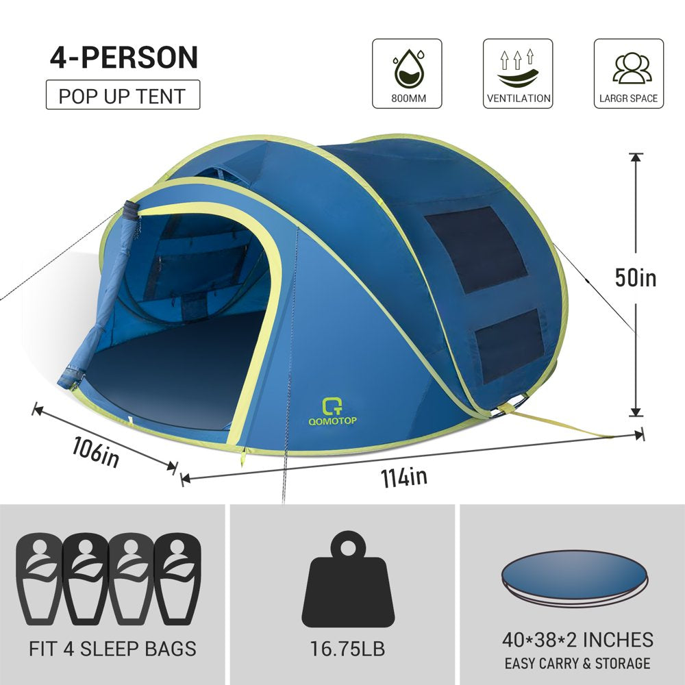 QOMOTOP Instant Tent 4-Person Camp Tent, Automatic Setup Pop Up Tent, Waterproof, Huge Side Screen Windows, Blue