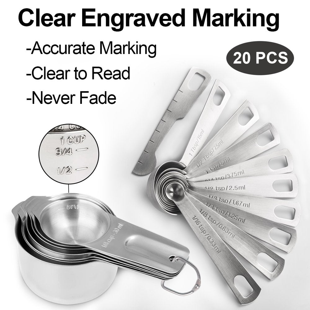 20 Pieces Stainless Steel Measuring Cups & Spoons Set, Cups and Spoons,Kitchen Gadgets for Cooking & Baking