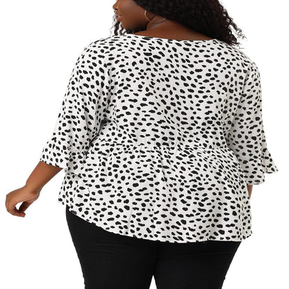  Women'S plus Size Polka Dots 3/4 Sleeve Babydoll Peplum Blouse