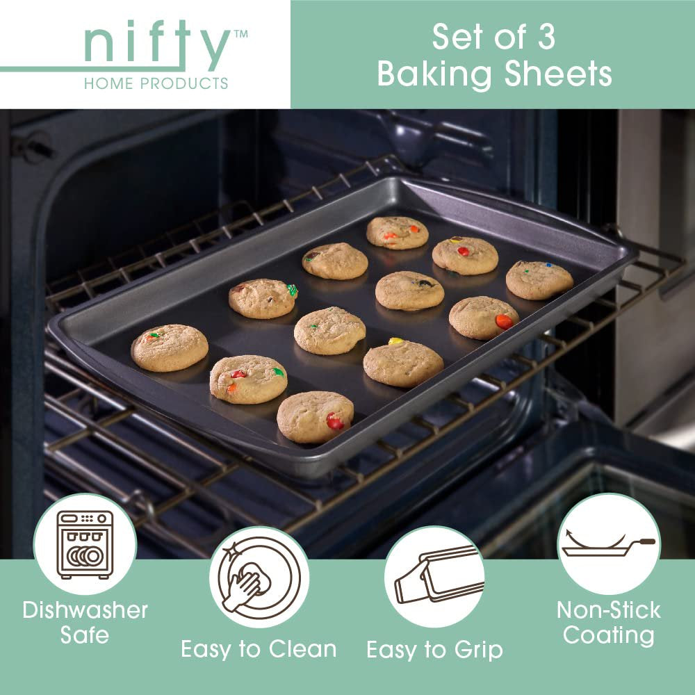  Set of 3 Non-Stick Cookie and Baking Sheets – Small, Medium and Large Pans, Non-Stick Coated Steel