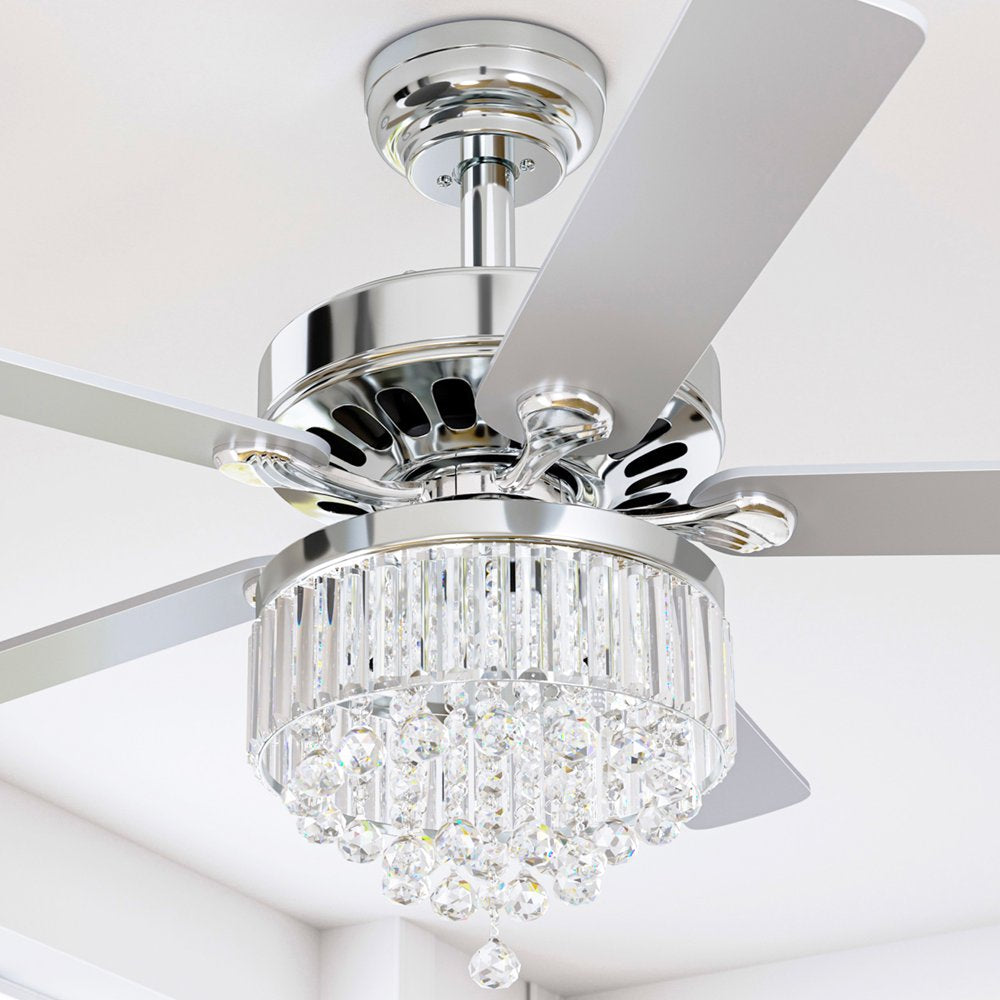 YITAHOME 52'' Chandelier Ceiling Fan with Remote, Crystal Fan Light, Indoor Fan Ceiling with 3 Speed, Silent Reversible Motor, Dual-Sided Blades, Chrome