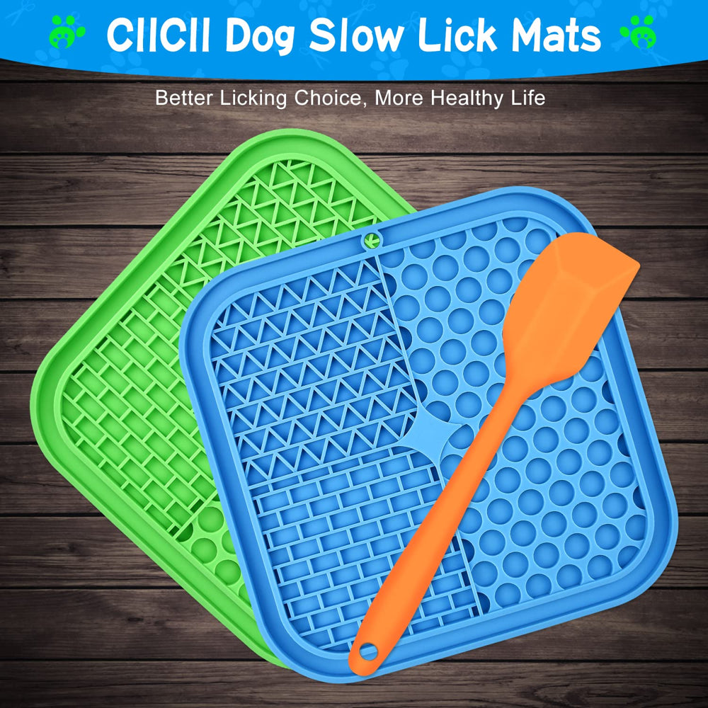 Lick Mat for Dogs, CIICII 3Pcs Slow Feeder Dog Bowls with Suction Cups（Green Dog Lick Mat + Blue Lick Mat for Cats + Orange Spatula） for Dog Treats & Cat Food (Anti-Slip, Food Grade Silicone)