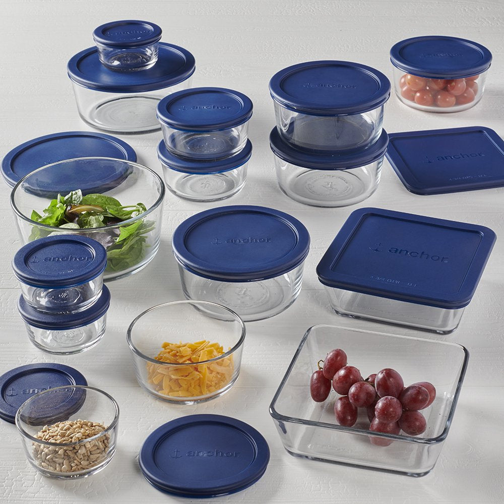 Anchor Hocking Clear Glass Storage 30 Piece Set with Navy Lids