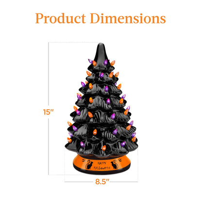  15in Pre-Lit Ceramic Tabletop Halloween Tree, Holiday Decoration w/ Orange & Purple Bulb Lights