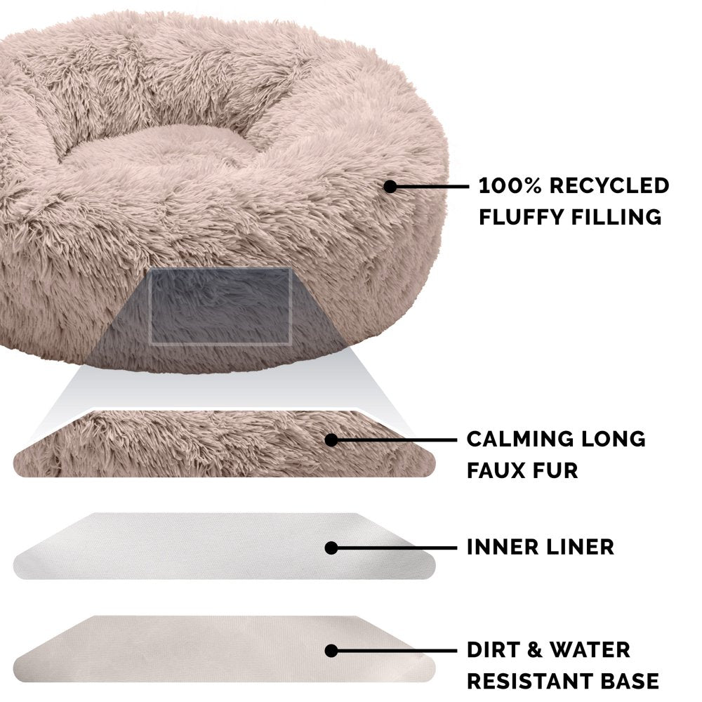 FurHaven Pet Products Calming Cuddler Long Faux Fur Donut Pet Bed for Dogs & Cats - Taupe, Small