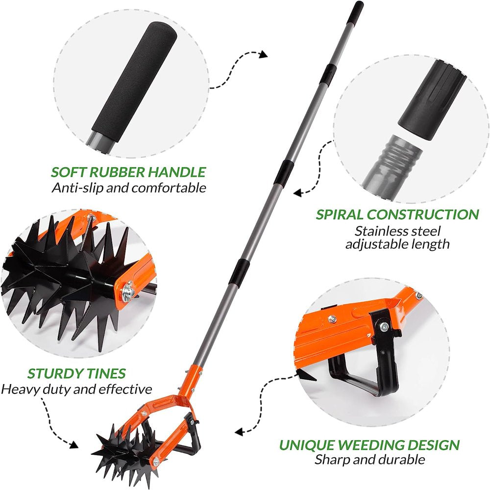 Rotary Cultivator Tool, Adjustable Garden Hand Tiller with Stainless Steel Pole, 2-in-1 Garden Weeder and Crumbler Soil Cultivator Tool with Weeding Knife for Soil Mixing or Reseeding Grass